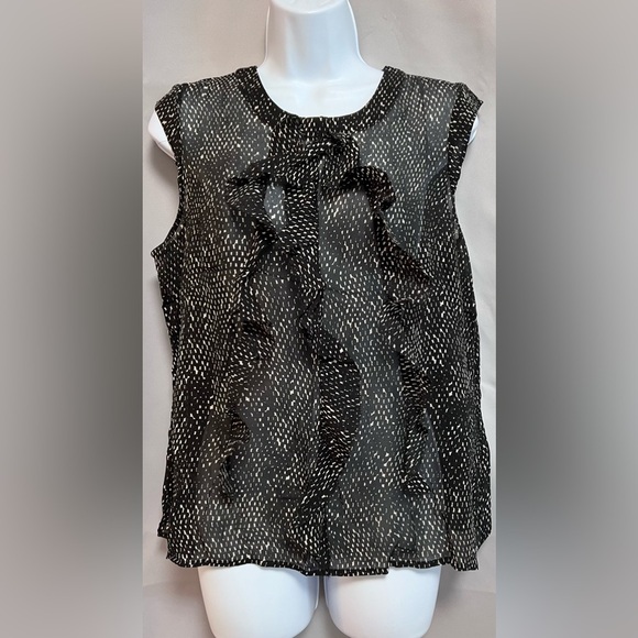 ANN TAYLOR Woman Polyester See Thru Blouse Ruffle Trim‎ Black White Sz XL - Picture 1 of 8